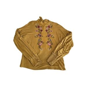 IVORY‎ Women's Small Peasant Blouse Embroidered Floral Mustard Yellow Tie Neck